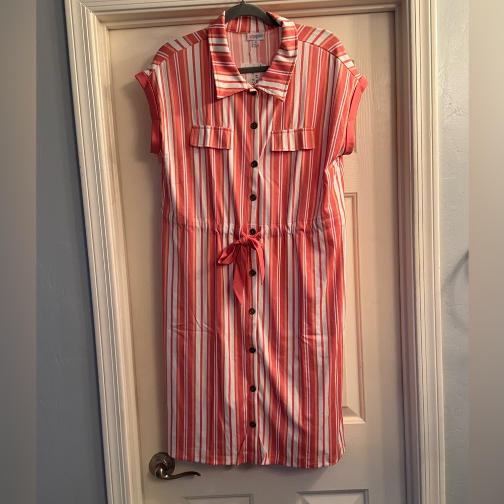 LuLaRoe Coral and White Striped Shirt Dress, M